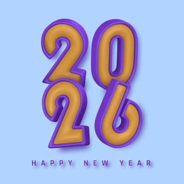 2026 Cesur 3D tipografisi olan mutlu yıllar dizaynı Mor ve açık mavi arka planda altın rengi Tatil tebrikleri ya da kartlar için modern minimal stil. Vektör İllüstrasyonu.