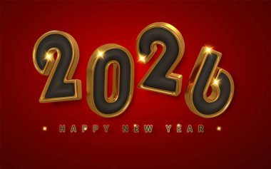 Lüks 2026 Yeni Yıl Tasarımı. Kırmızı Arkaplanda 3D Altın ve Siyah Sayılar. Şık Şenlik Tarzı Tatil Kutlamaları ve Terfi İçin Mükemmel. Vektör İllüstrasyonu.