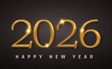 Altın 2026 Mutlu Yeni Yıl Metinleri. Karanlık Arkaplan 'da ışıltılı ışık efektleri. Yılbaşı kutlamaları için zarif bir Noel Kutlama Tasarımı. Vektör İllüstrasyonu.