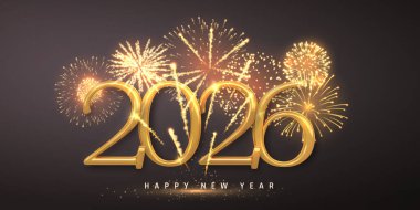 Dark Sky 'da Parlayan Havai fişeklerle Altın 2026 Yeni Yıl Metni. Şenlikli Kutlama, Lüks Tasarım Tatil Kartları ve Posterleri İçin Mükemmel. Vektör İllüstrasyonu.