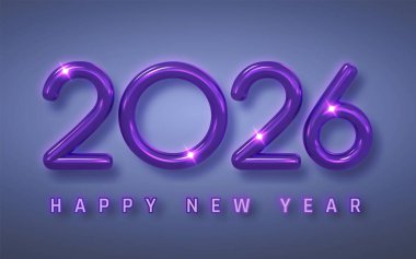 2026 Mavi Arkaplanda Parlak Mor Neon Tarzı ile Mutlu Yıllar. Parti Davetiyeleri ve Sosyal Medya için Gelecekçi Tatil Kutlama Tasarımı. Vektör İllüstrasyonu.