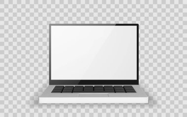 Boş ekranlı dizüstü bilgisayar şeffaf arkaplanda, ön görünümde izole edildi. Web Tasarımı veya Uygulama Sunumu için Modern Aygıt Model Şablonu. Vektör İllüstrasyonu.