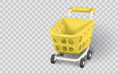 Şeffaf Arkaplanda Sarı Plastik Tarzlı Alışveriş Arabası Simgesi. Çevrimiçi Mağaza, E-Ticaret veya Perakende Uygulama UI Tasarımı için Asgari 3D Render. Vektör İllüstrasyonu.