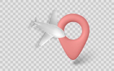 Uçak ve Konum Pin Simgesi, şeffaf arka planda 3 boyutlu seyahat kavramı. Uçuş, Turizm ya da Navigasyon teması için mükemmel. Temiz Gerçekçi Style. Vektör İllüstrasyonu.