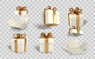 Tatil veya Kutlama Tasarımı İçin Şeffaf Arkaplanda Farklı Açık ve Kapalı Konumlarda Altın Kurdeleli Hediye Kutuları. Vektör İllüstrasyonu.
