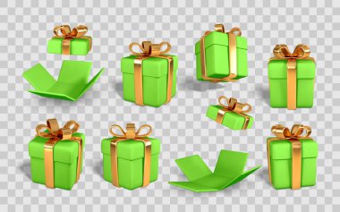 Şeffaf Arkaplan 'da Altın Kurdeleli Hediye Kutuları ve Çeşitli Açılar. Tatiller, kutlamalar ve promosyonlar için mükemmel. Vektör İllüstrasyonu.