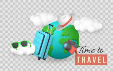 Seyahat Simgesi Küre, Çanta, Şapka, Kamera ve Şeffaf Arkaplan Üzerinde Parlak Çizgi Film Biçiminde 3D Bulutlar. Tatil Tasarım Projeleri için mükemmel. Vektör İllüstrasyonu.