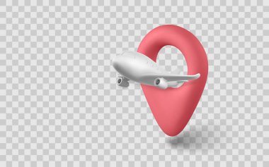 3D Haritada Uçan Uçak Pin Simgesi: Şeffaf Arkaplan, Seyahat, Navigasyon ve Modern Tasarım Konsepti İdeal. Vektör İllüstrasyonu.