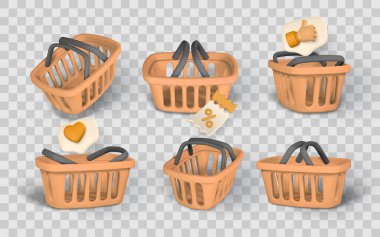 İndirimli Bilet Gibi 3 boyutlu elementlerle Basket Simgeleri ve Kalp. E-Ticaret, Pazarlama ve UI Tasarım için mükemmel. Vektör İllüstrasyonu.