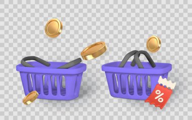 Alışveriş sepeti, indirim kuponu ve 3D Stil Temsili Online Satış, E-Ticaret ve Nakit Teklif. Web ve Uygulama Tasarımı için mükemmel. Vektör İllüstrasyonu.