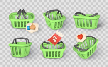 Alışveriş Sepeti Simgeleri İndirimli, Sevgi Sembolleri 3 boyutlu olarak ayarlanıyor. E-Ticaret, Perakende ve Pazarlama Tasarımı için mükemmel. Vektör İllüstrasyonu.