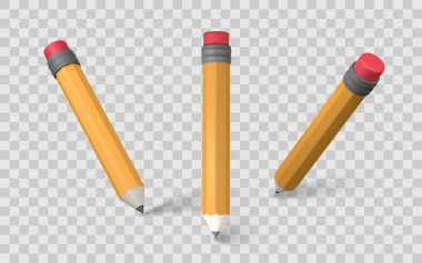 Şeffaf arkaplanda çeşitli açılarda ellow kalem seti, okul, yazarlık, eğitim ve tasarım için 3D gerçekçi stil. Temiz ve Minimal Bakış. Vektör İllüstrasyonu.