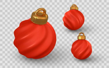 Altın Şapkalı Gerçekçi Kırmızı Noel Balosu Süslemesi, Şeffaf Arkaplan Tatil Dekorasyonu, 3D Render, İzole Clipart. Vektör İllüstrasyonu.