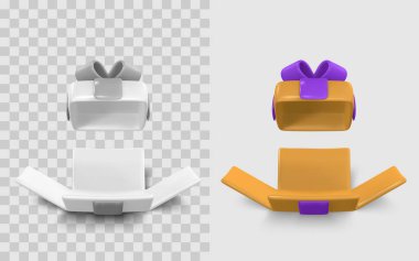 3 boyutlu karikatür stili, gerçekçi kurdele ve paket elemanları ile hediye kutusu simgesi, UI, Uygulama Tasarımı, Tatil veya Satış Grafikleri. Vektör İllüstrasyonu.