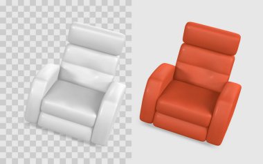 Modern Armchair in Red and White, Minimalist Tasarımlı 3D Soft Express. Gerçekçi Gölgeler ve Işıklandırma ile rahat Mobilya Simgesi. İç Tasarım Projeleri için mükemmel. Vektör İllüstrasyonu.