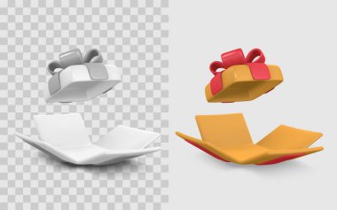 Hediye Kutusu 3D Simgesi Çizgi Film Tarzı Açık Lid ve Kurdele Gösterme Kutusu Kutlama, Tatil veya Alışveriş Tasarımı Teması İçin Mükemmel. Yüksek kalite çizim. Vektör İllüstrasyonu.