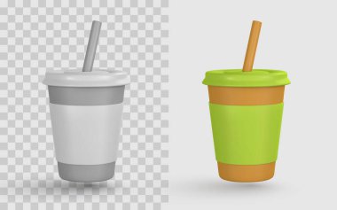 Kahve Kupası İkonası 3D Render with Straw in Eco and Monochrome Styles, ideal Cafe, Delivery, and Mobile App Design. Yüksek Kalite, Moda Çizgi Filmi Görünümü. Vektör İllüstrasyonu.