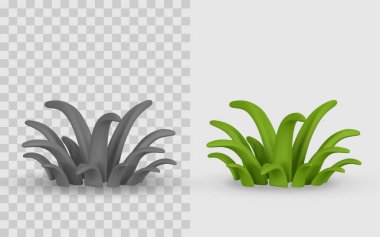 Çizgi film tarzında 3 boyutlu çim simgesi, oyun için doğa elementi ya da peyzaj tasarımı. Şeffaf Arkaplanda Yeşil Bitki Nesnesi. Vektör İllüstrasyonu.