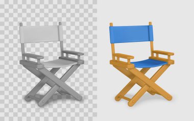 3D Render Style Yönetmen Simgesi, Klasik Katlanan Ahşap Sandalyenin Ön Görünümü, Gri ve Mavi Renkli Kanvas Koltuğu ve Sırtı. Vektör İllüstrasyonu.