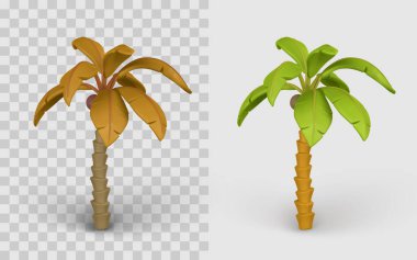 Çizgi film Palmiye Ağacı 3D Simgesi Yeşil ve Sarı Yapraklı, Tropikal Yaz Adası Oyun Değeri veya Orman Doğası Elementi. Vektör İllüstrasyonu.