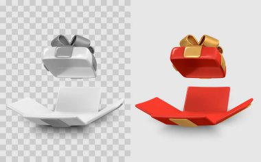 Modern 3 boyutlu karikatür tarzında kurdeleli hediye kutusu sürprizi. Kutlama, Bayram ya da Satış Etkinliği Tasarımı için Festivalsel Açık Mevcut Simgesi. Kırmızı ve Beyaz Değişkenler. Vektör İllüstrasyonu.