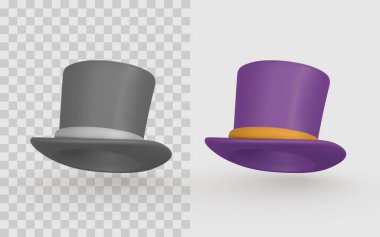Silindir Şapka Simgesi Seti Klasik Gri ve Canlı Mor Tasarımlar ile Gerçekçi Gölgeler ve Işıklar. Oyun Varlıkları veya Sihirli Temalar için mükemmel. Vektör İllüstrasyonu.