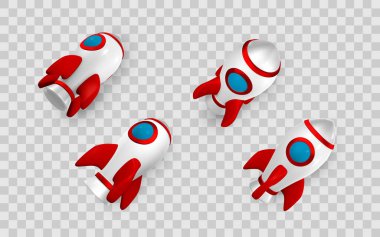 Rocket, Space Ship, Cartoon Rocket, Red and White, 3D Render, Technology, Startup Concept, Şirin Oyuncak Tasarımı. Vektör İllüstrasyonu.
