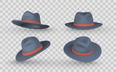 Şeffaf Arkaplanda Kırmızı Bant Farklı Açılarda Fedora Şapka Clipart Set. Moda, Kostüm veya Aksesuar Konseptleri için gerçekçi 3 boyutlu bir stil. Vektör İllüstrasyonu.
