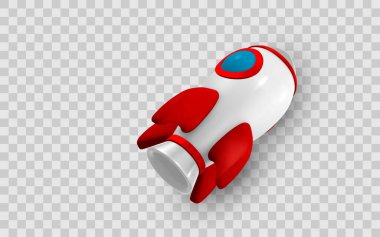 Kırmızı Yüzgeçli Roket Simgesi ve Şeffaf Arkaplanda Mavi Pencere, Oyun ya da Uygulama Tasarımı İçin 3B Biçim, İzole Nesne. Vektör İllüstrasyonu.