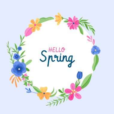 Spring frame of colorful flowers and plants with greeting
