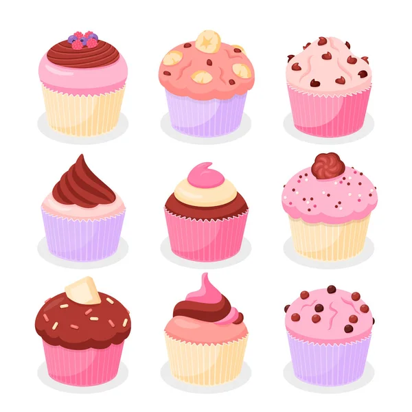 Muffins Cupcakes Van Verschillende Smaken Collectie Rechtenvrije Stockvectors