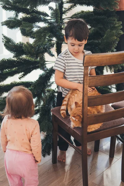 Due Bambini Piedi Nella Casa Vicino All Albero Natale Giocando — Foto Stock