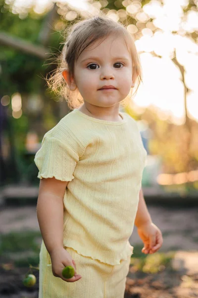 Elinde Biber Toplayan Küçük Bir Kız Bahçede Dikilip Kameraya Bakıyor — Stok fotoğraf