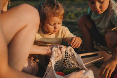 Aile, sebzeleri indirime sokmak için sandıklarda ayırıyor. Sağlıklı vejetaryen yemekleri, sağlıklı yaşam tarzı. Dışarıda mutlu bir aile. Çiftlik arazisi. Yiyecek yetiştiriyorum..