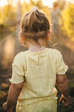 Gün batımında bir yaz günü bahçede yürürken ve oyun oynarken beyaz bir kızın arka plan portresi. İnsanların yaşam tarzı. Mutlu