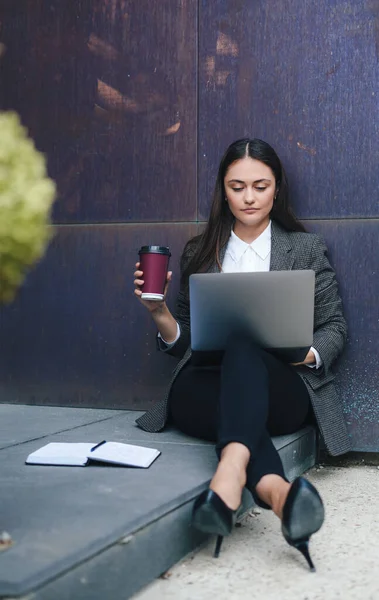 Image Joyful Woman Holding Takeaway Coffee Hands Checking Data Laptop — Stock Photo, Image