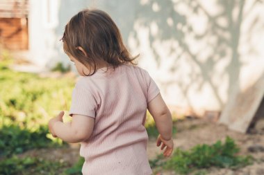 Hafta sonları dışarıda eğlenirken, güneşli bir günde tatil ve macera yaşarken parkta oynayan ve doğanın tadını çıkaran bir çocuğun arka görüntüsü. Aile evi eğlencesi.