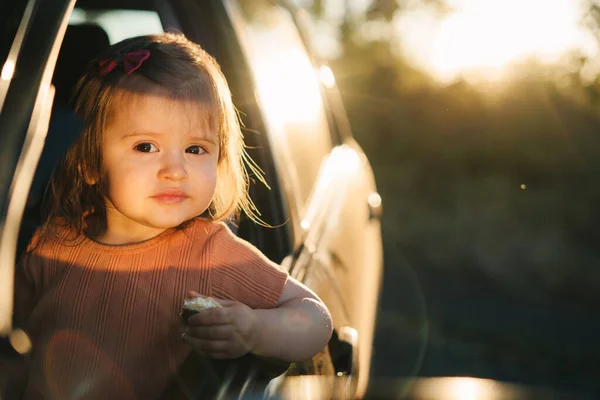 Cute little baby girl having fun to travel by car and looking out from car window in the countryside. Summer vacation fun. Happy family outdoors. Nature summer