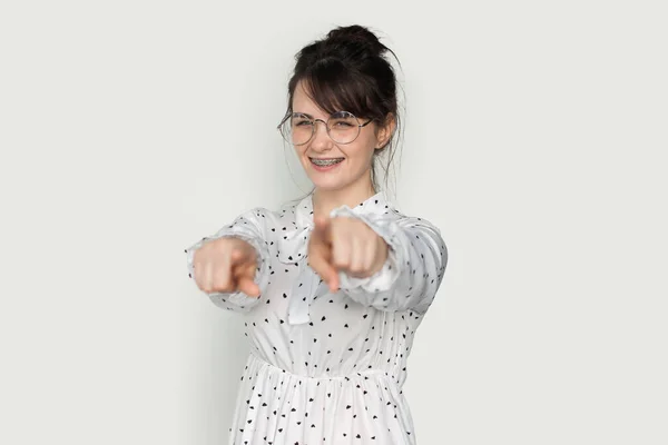 Happy Girl Wearing Eyeglasses Pointing Fingers Camera Isolated White Background — Stock Photo, Image