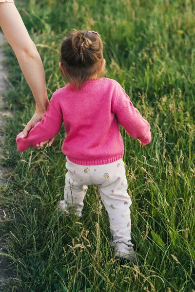 Вид Сзади Девочку Идущую Лугу Зеленой Травой Детская Природа — стоковое фото