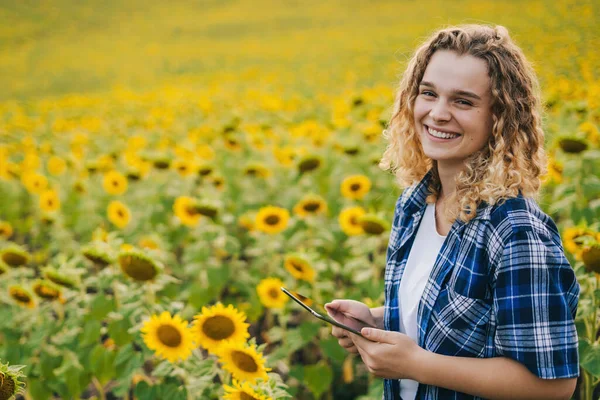 Owner Farm Using Tablet Checking Sunflower Quality Field Agronomist Standing — Stockfoto
