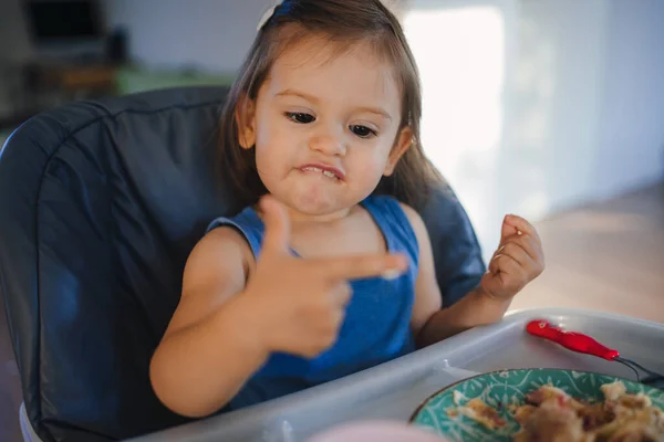 Caucasian Cute Little Baby Girl Trying Eat Food Sitting High — Stock Photo, Image