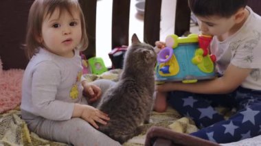 İki çocuk kedilerine bakarken yatakta oyuncaklarla oynuyorlar. Aile fotoğrafı..