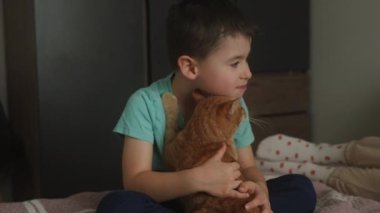 Mutlu çocuk yatakta en sevdiği kediyi oynuyor ve sarılıyor. Mutlu mutlu aile.