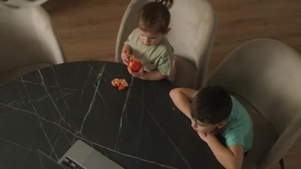 Bovenaanzicht Van Twee Kinderen Met Een Gezond Ontbijt Zitten Aan — Stockvideo