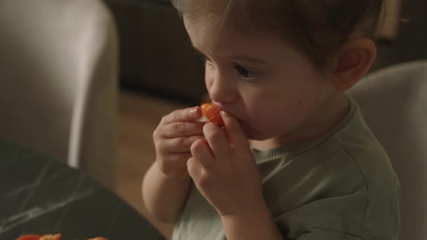 小さな赤ん坊の女の子は テーブルの上の台所にタンジェリンを食べて座っている 甘い柑橘類を食べるかわいい子供の肖像画 健康的な食事 健康食品 — ストック動画
