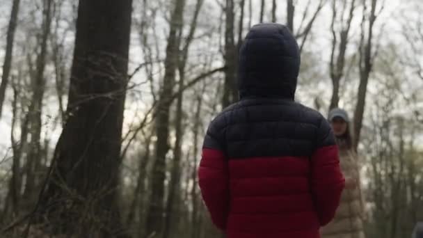 Widok Tył Matki Dziećmi Chodzącymi Lesie Rodzinne Wakacje Matka Natura — Wideo stockowe
