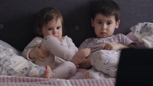 集中した子供たち 妹と弟は ラップトップを使用してビデオ漫画を見てベッドで一緒に家で週末の自由時間を過ごしています 映画の夜 家庭教育 — ストック動画
