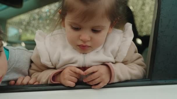 Двое Детей Мальчик Милая Малышка Смотрят Окно Переднего Сиденья Машины — стоковое видео