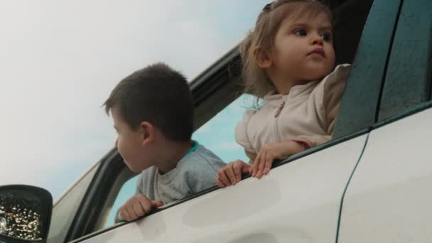 Забавно Двое Детей Сидят Машине Ждут Дорожного Приключения Семейный Автомобиль — стоковое видео